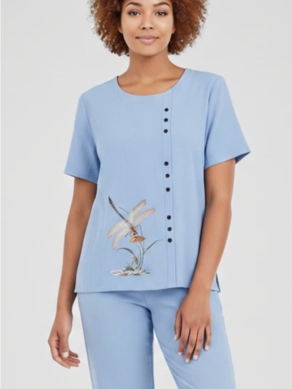 Light Blue Short Sleeve Top with Dragonfly Embroidery